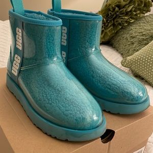 UGG women’s classic clear mini boots in fun aqua blue color